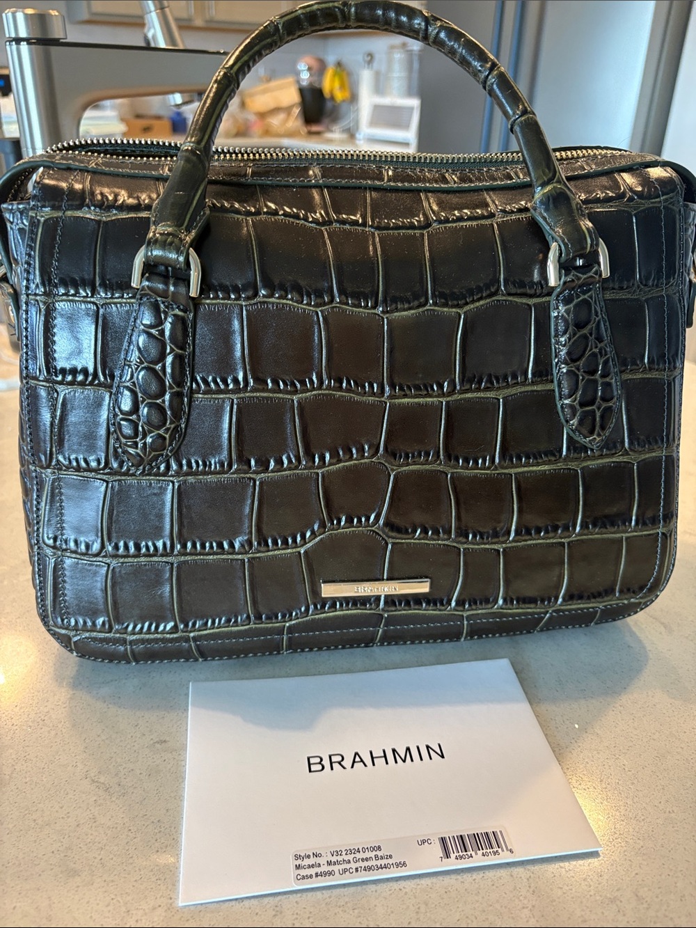 Brahmin Croc-Embossed Satchel with Gold Plaque